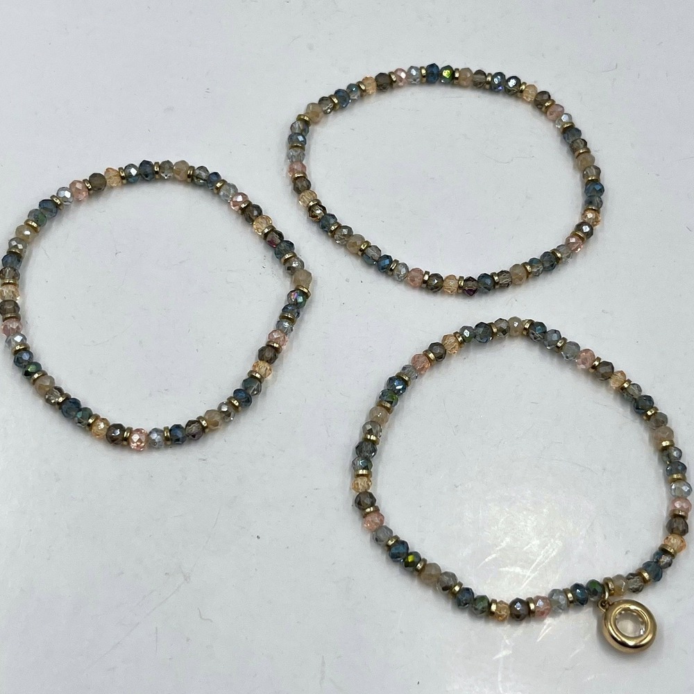 Vintage 3PC Multi-Color Faceted Glass Bead Bracelet Set Stack Gold Crystal Charm